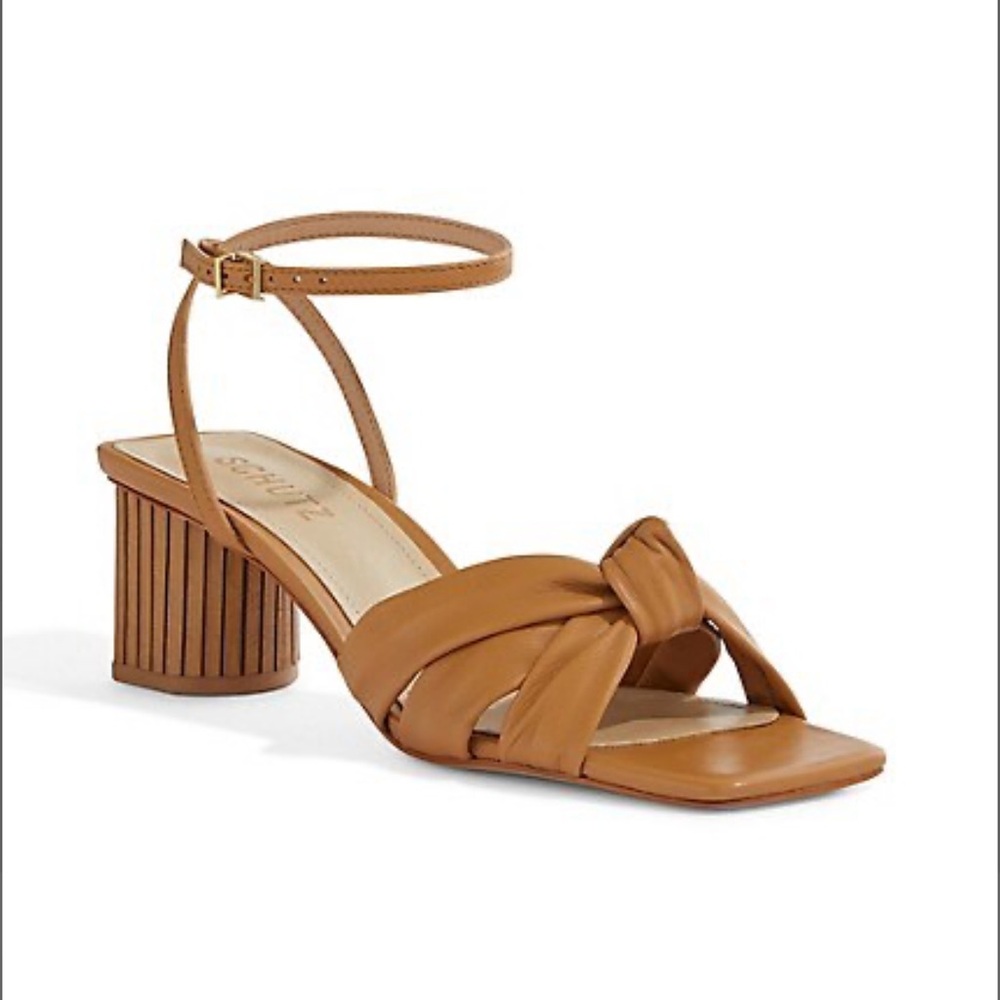 New Schutz Mindy Caramel Leather Knot Ankle Strap Bamboo Heel Sandals Women’s 6B
